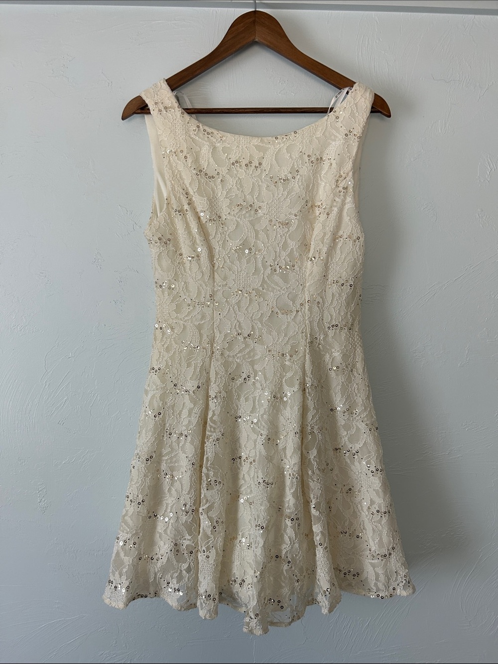 B Darlin Cream Lace Sequin Fit-and-Flare Mini Dress